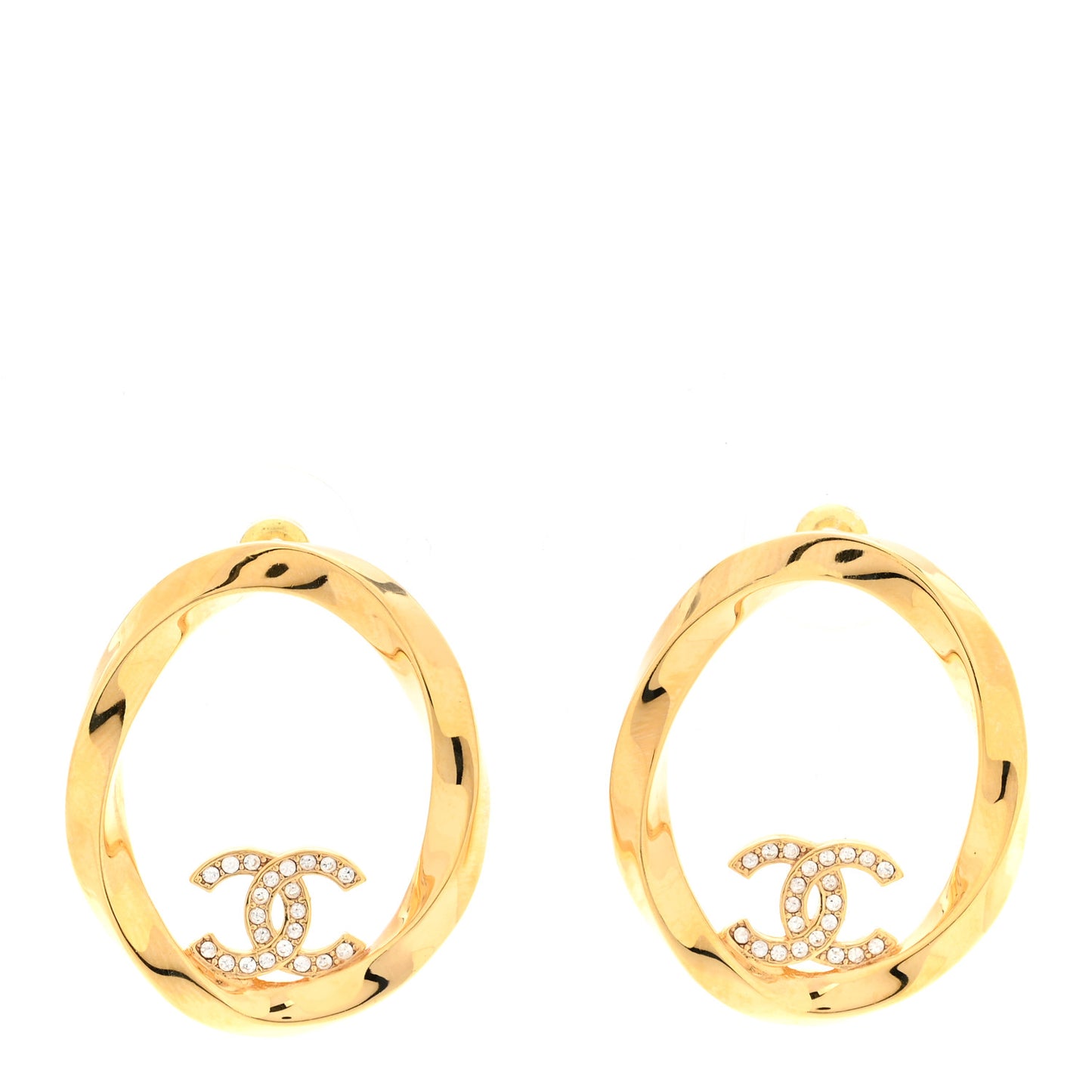 Metal Crystal Studded CC Round Earrings Gold
