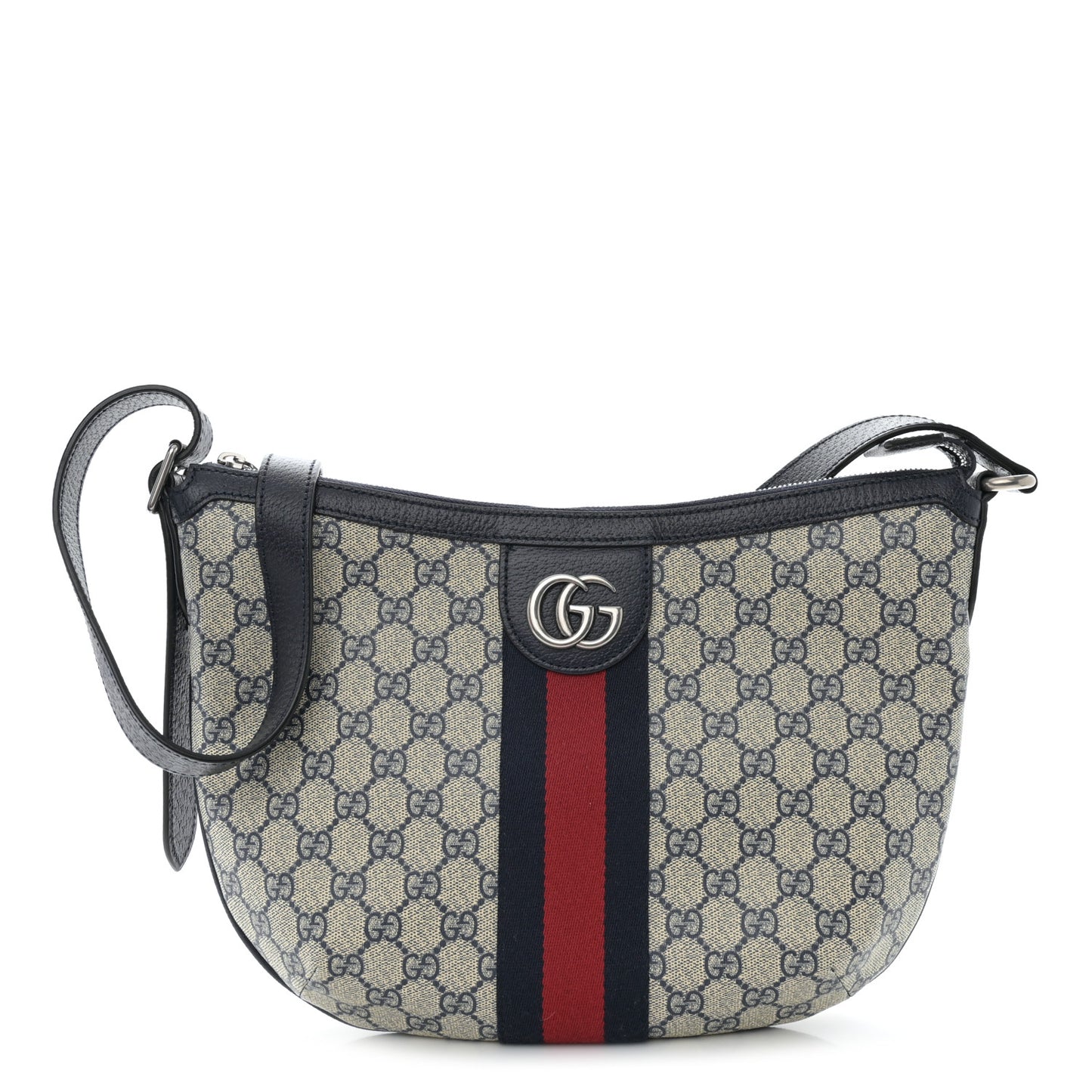 GG Supreme Monogram Textured Dollar Calfskin Web Small Ophidia Half Moon Hobo Beige Blue