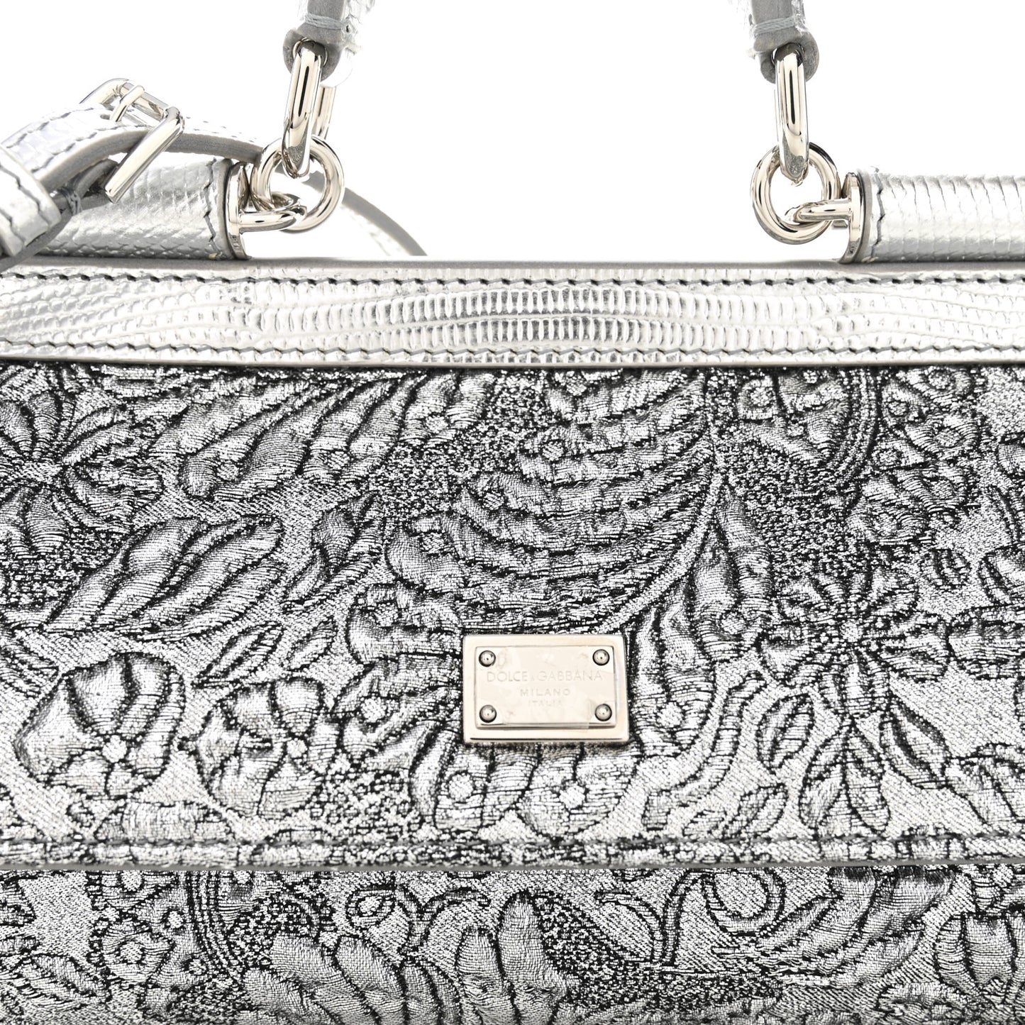 Brocade Fabric Lizard Calfskin Embossed Small Miss Sicily Satchel Silver