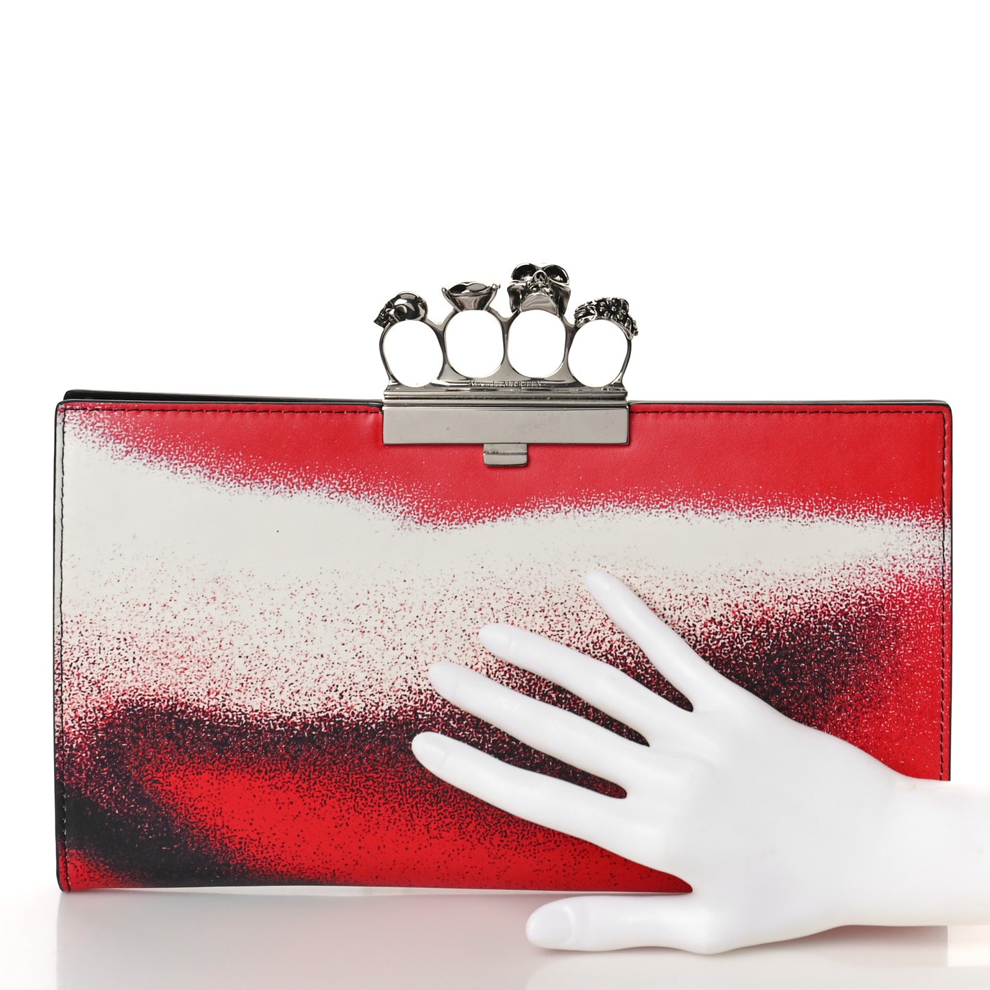 Calfskin Four Ring Sprayed-Print Flat Pouch Clutch Bag Red Black