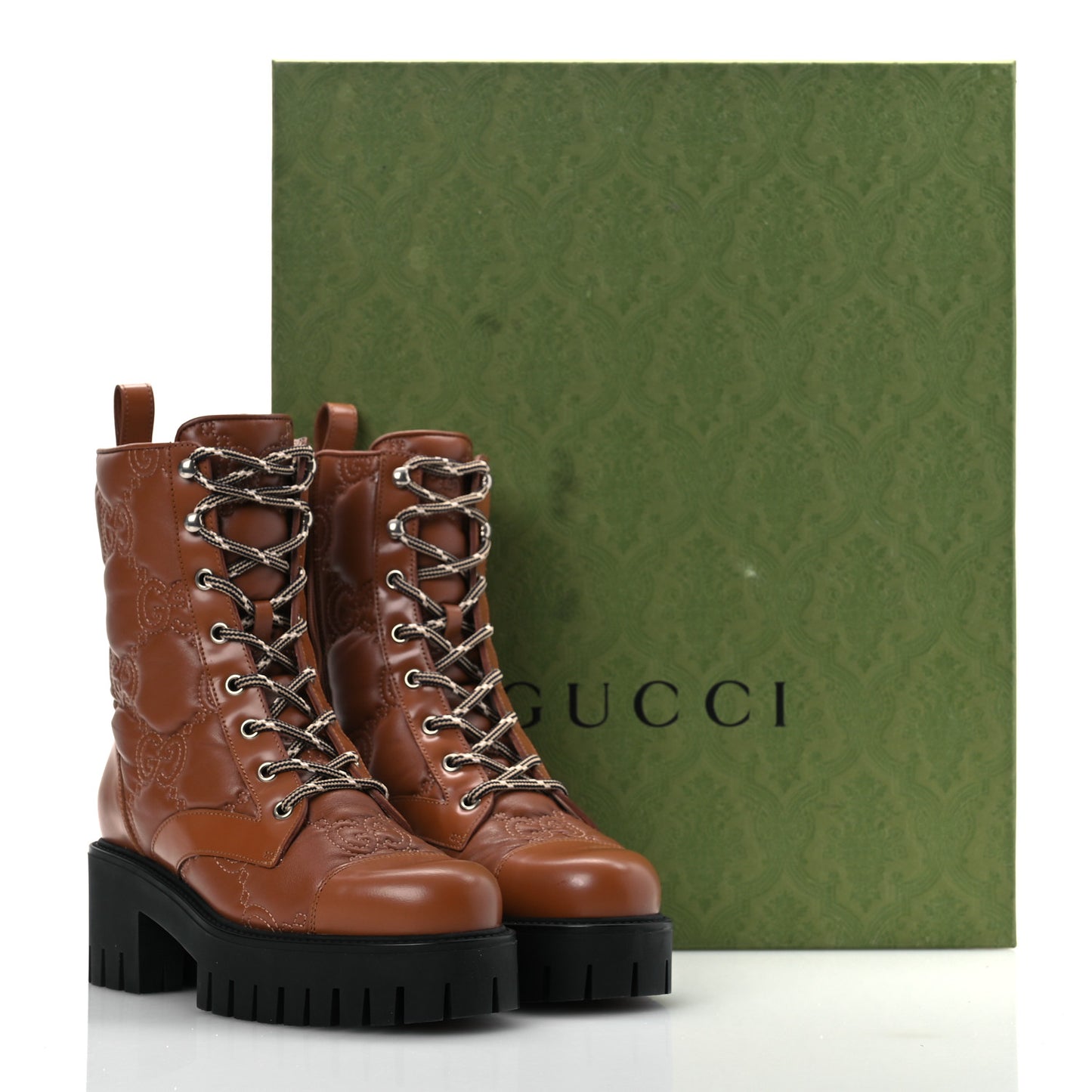 Cordovan Lux Nappa GG Matelasse Lace Up 60mm Combat Boots 36 Dark Hazel Brown