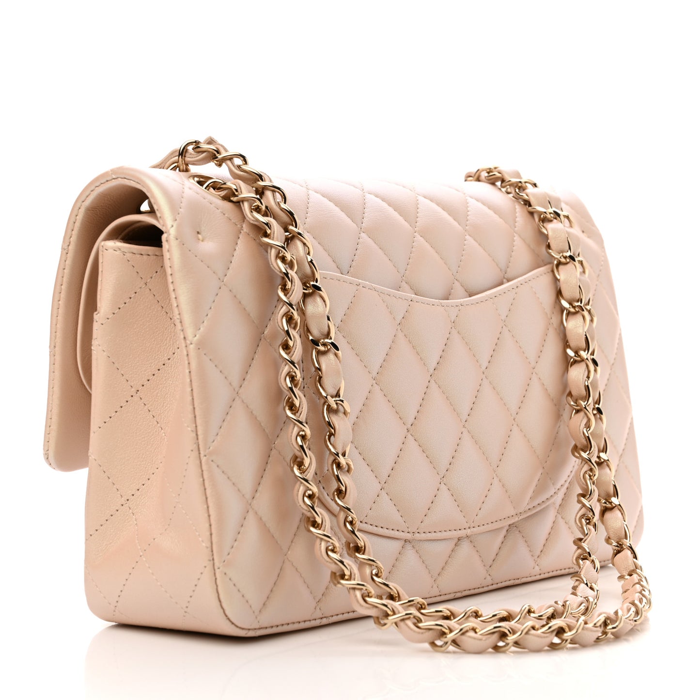 Iridescent Calfskin Quilted Medium Double Flap Beige