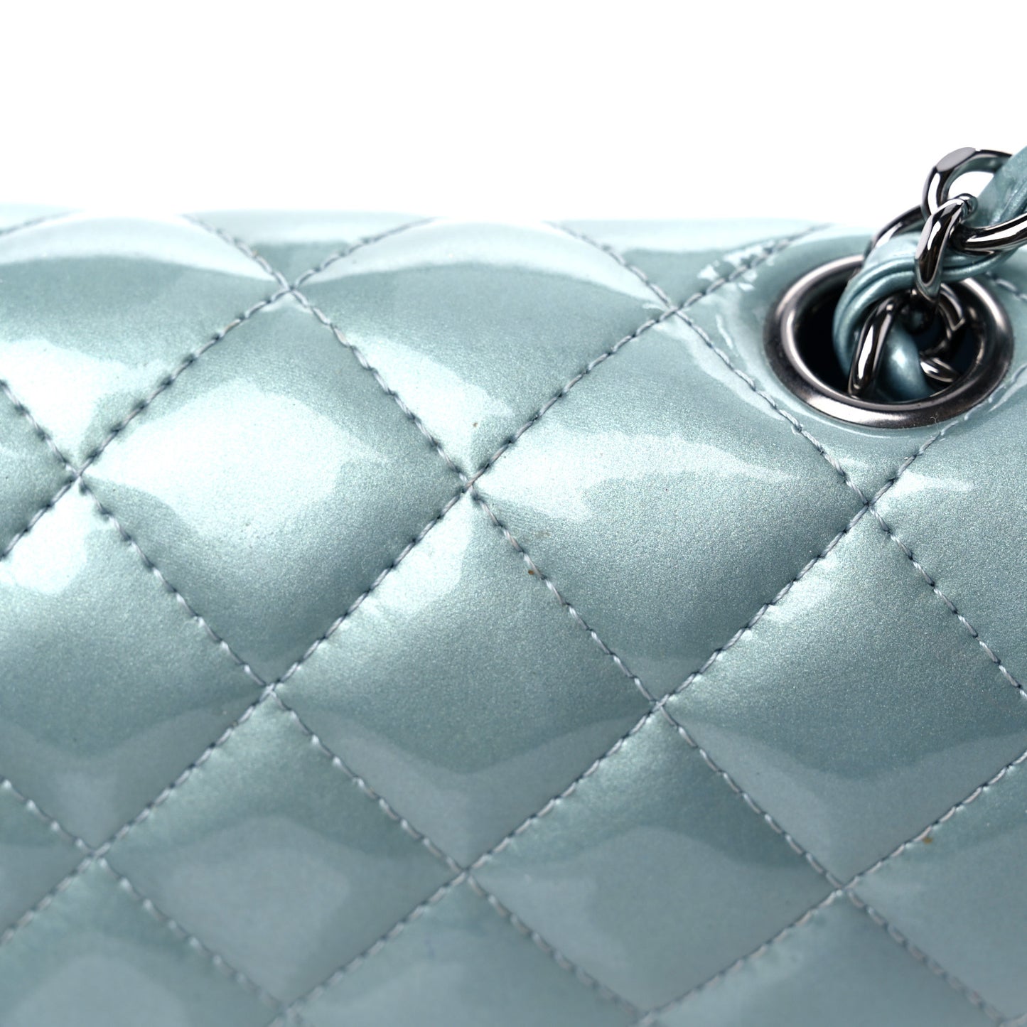 Patent Calfskin Quilted Mini Rectangular Flap Light Blue