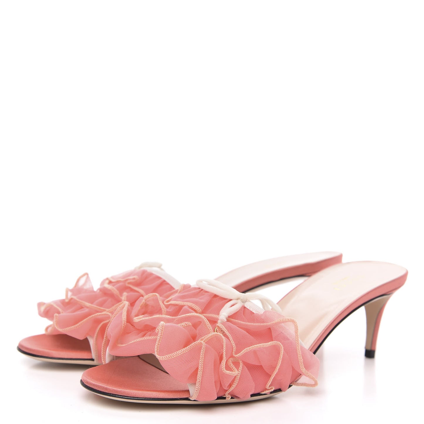 Tulle Ruffle Low Heel Slide Sandals 39.5 Peach White