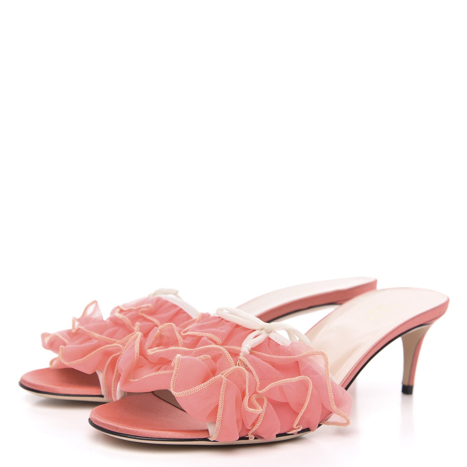 Gucci Tulle Ruffle Low Heel Slide Sandals 39.5 Peach White 3 of 9