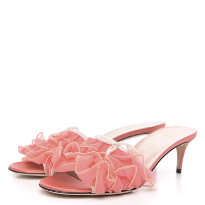 Gucci Tulle Ruffle Low Heel Slide Sandals 39.5 Peach White 3 of 9