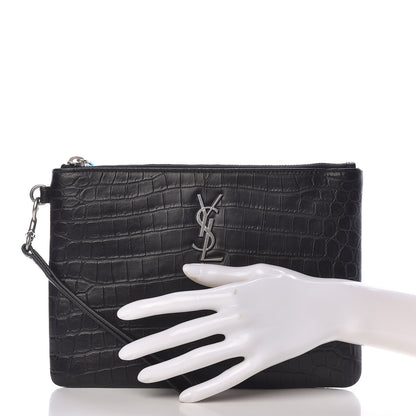 Saint Laurent Calfskin Crocodile Embossed Monogram Zip Pouch Black 2 of 8
