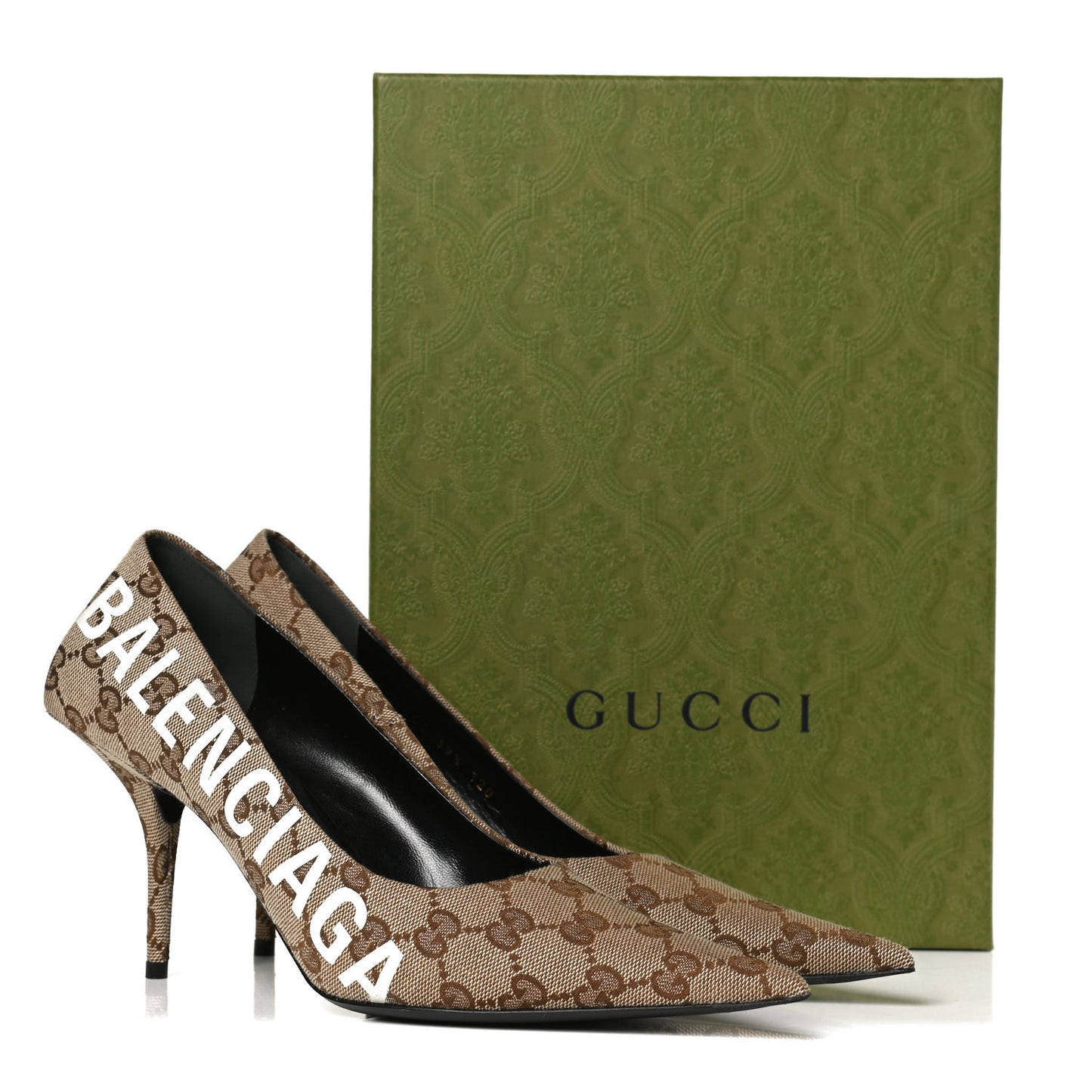 X GUCCI GG Monogram Square Knife 80mm Pumps 39.5 Beige Ebony