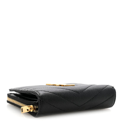 Saint Laurent Grain De Poudre Matelasse Chevron Monogram Compact Zip Around Wallet Black 4 of 10