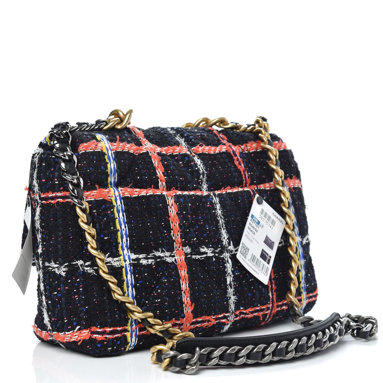 Chanel Tweed Quilted Large Chanel 19 Flap Black Orange Blue 3 of 12