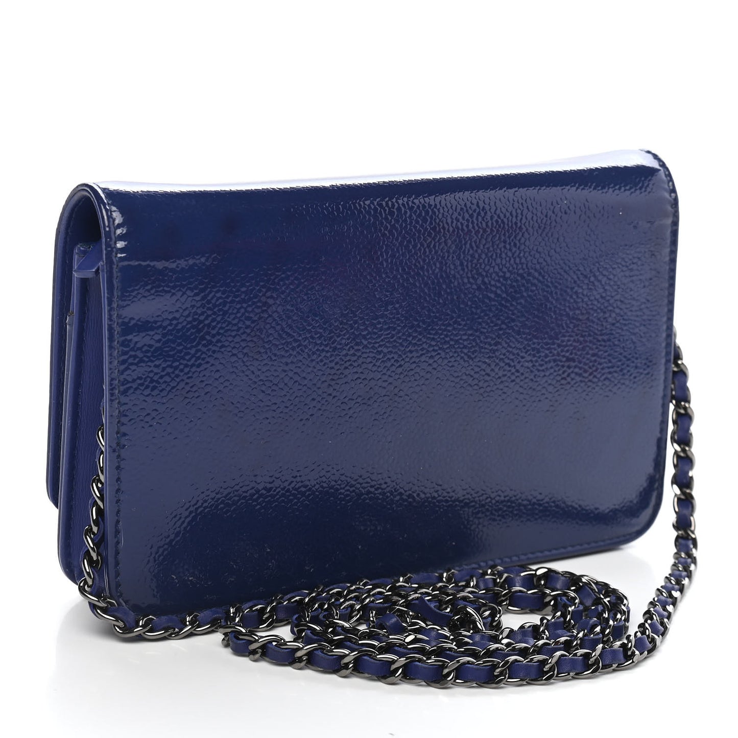 Grained Patent Calfskin Timeless Wallet On Chain WOC Blue