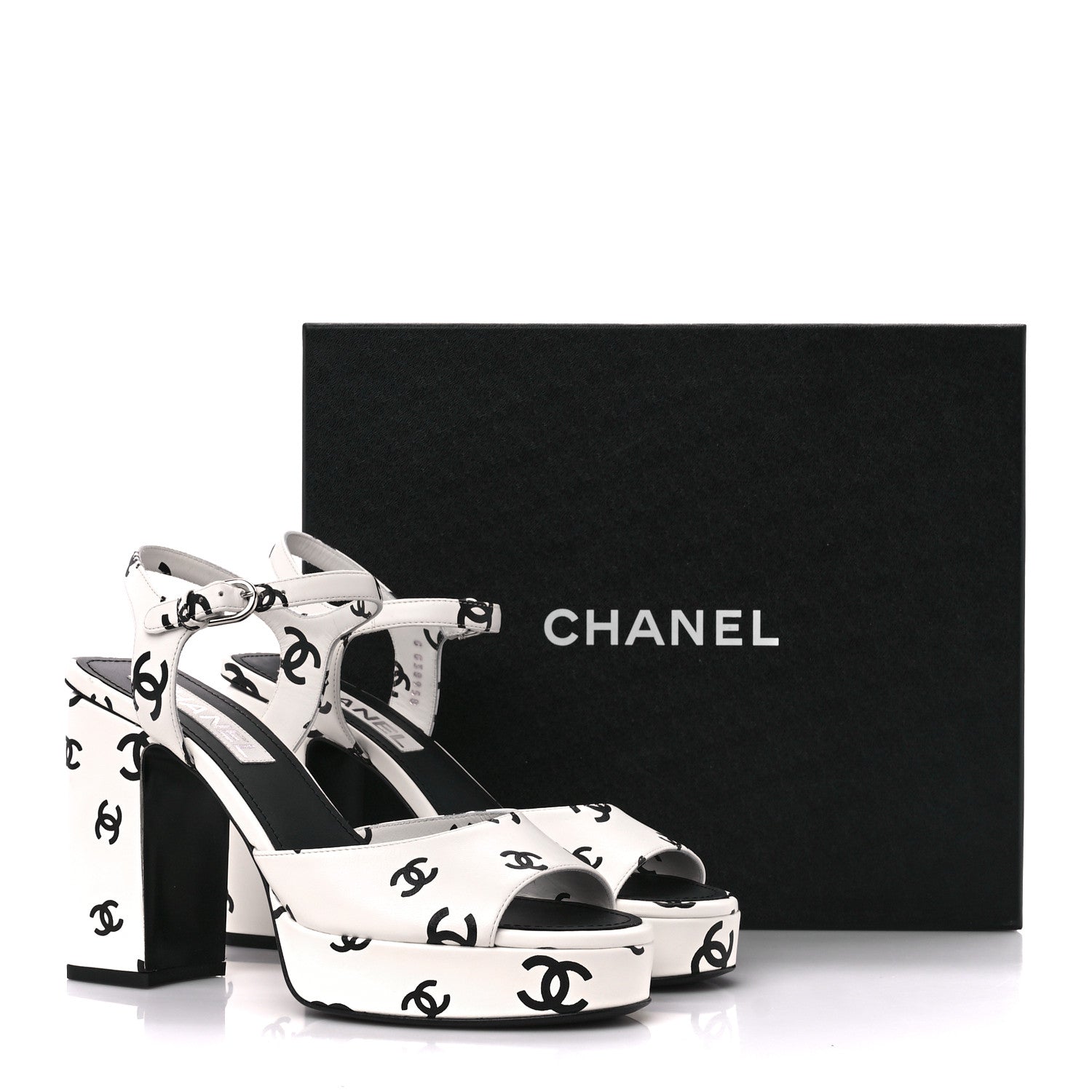 Chanel Printed Lambskin Coco Beach Platform Sandals 39 White Black 9 of 9