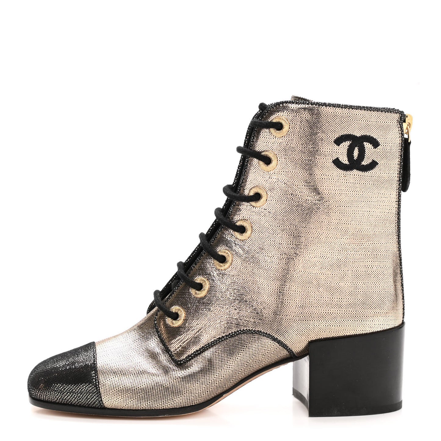 Laminated Calfskin CC Lace Up Short Boots 35 Gold Black