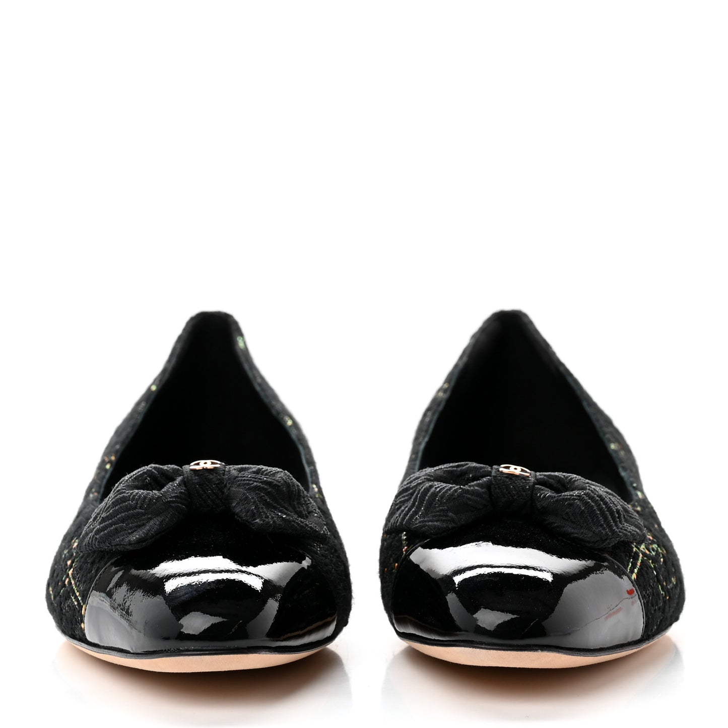 Tweed Patent Cap Toe Ballerina Flats 38.5 Black Orange Green