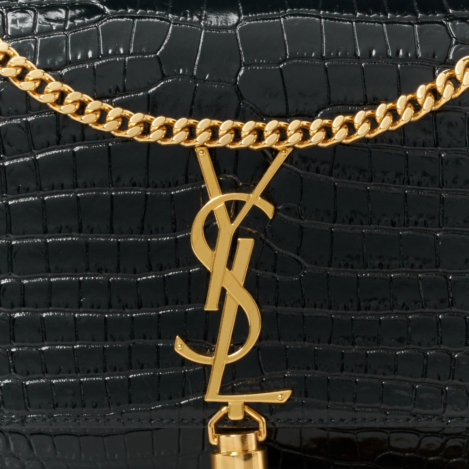 Saint Laurent Calfskin Crocodile Embossed Medium Classic Monogram Kate Tassel Satchel Black 10 of 12