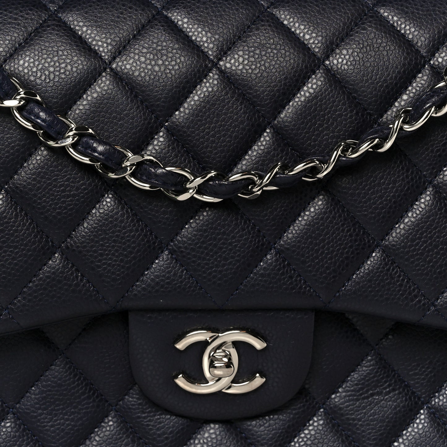 Caviar Quilted Jumbo Double Flap Navy Blue