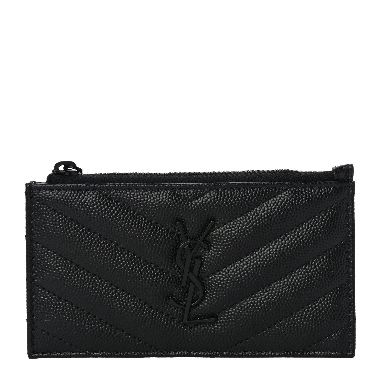Saint Laurent Grain De Poudre Matelasse Chevron Monogram Fragments Zippered Card Case Black 1 of 13