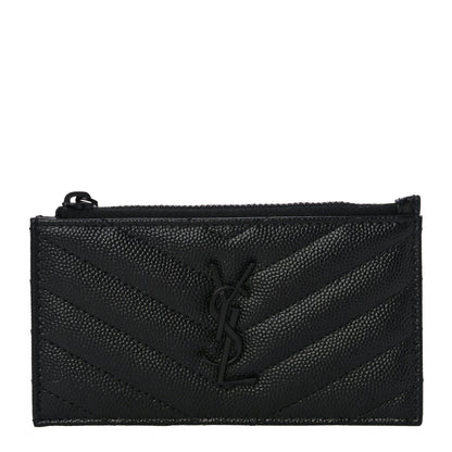 Saint Laurent Grain De Poudre Matelasse Chevron Monogram Fragments Zippered Card Case Black 1 of 13