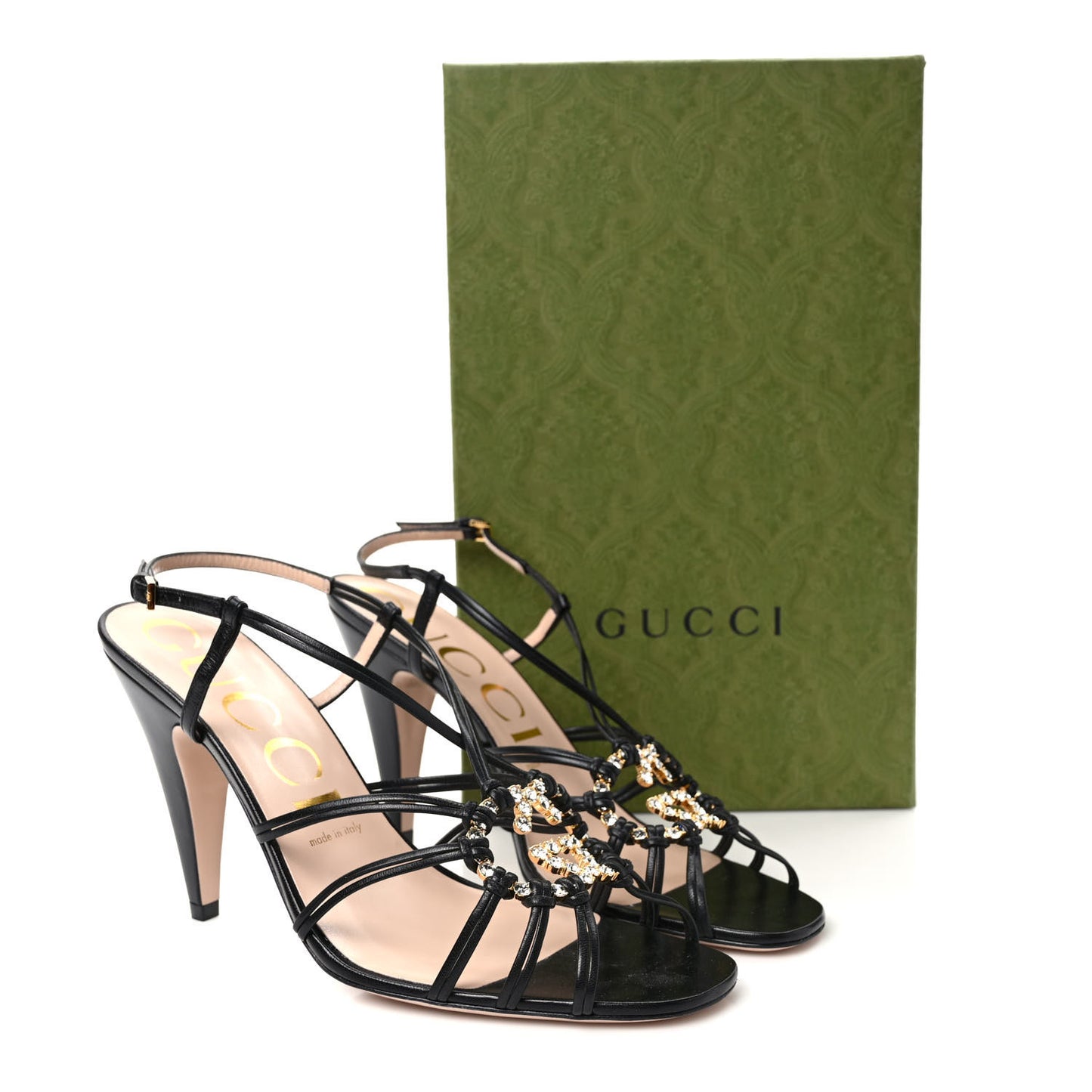 Calfskin Crystal GG Isa Ankle Strap Mid Heel Sandals 39.5 Black