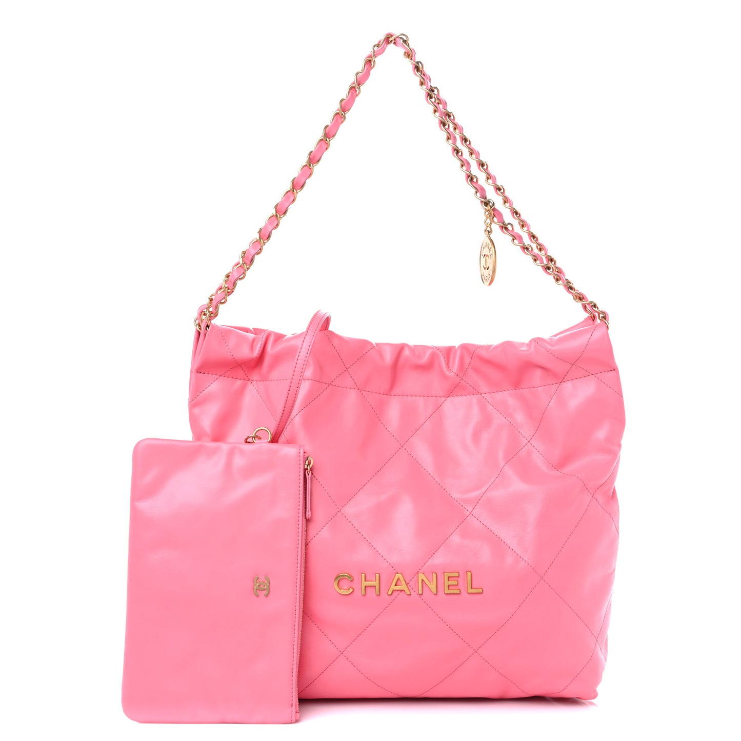 Shiny Calfskin Quilted Chanel 22 Drawstring Bag Coral Pink