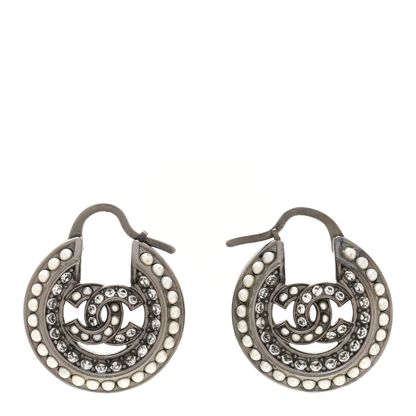 Crystal Pearl CC Hoop Earrings Silver