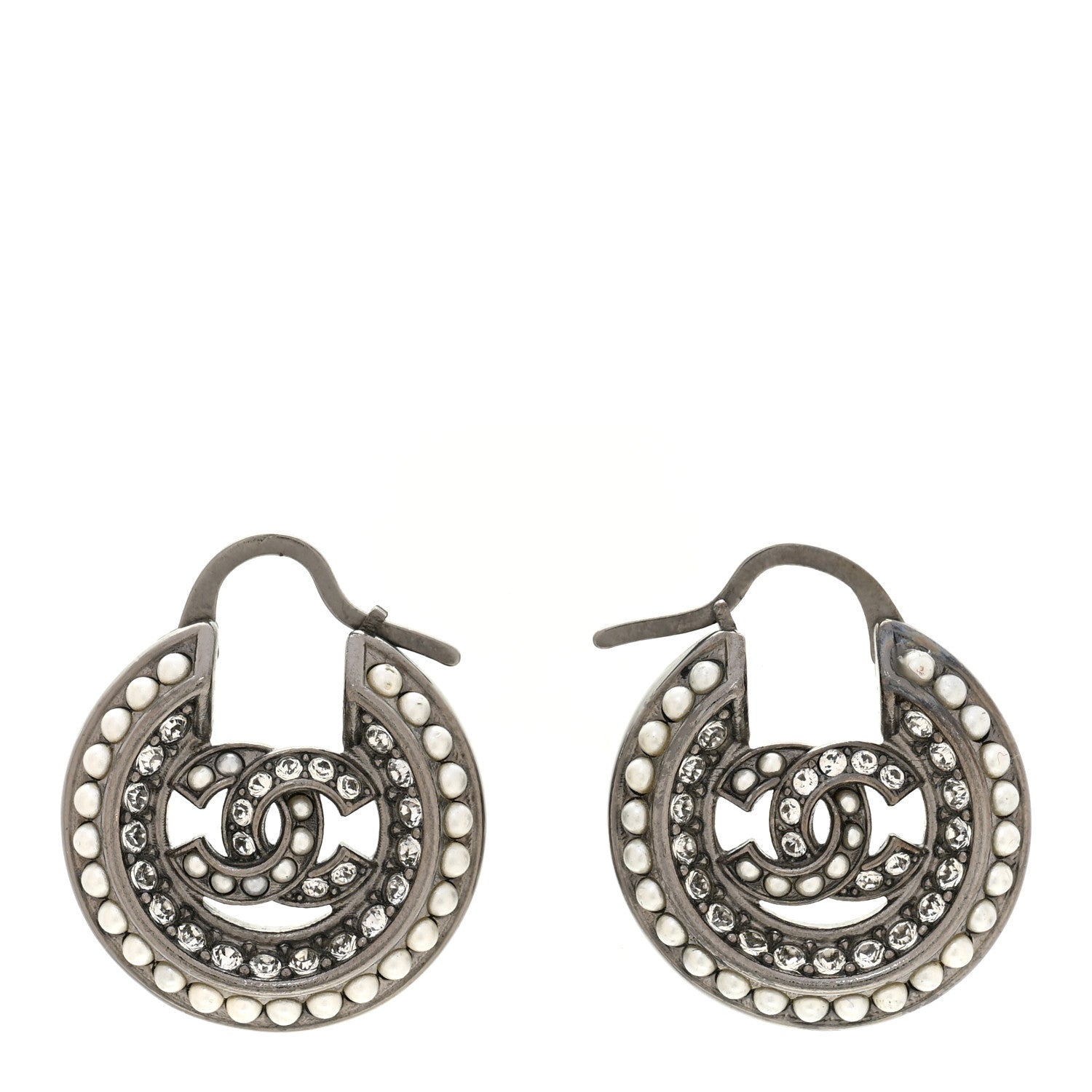 Chanel Crystal Pearl CC Hoop Earrings Silver 1 of 4