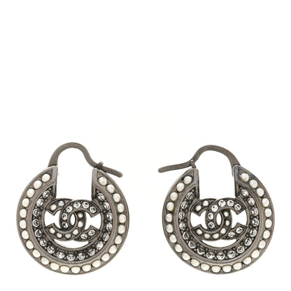 Chanel Crystal Pearl CC Hoop Earrings Silver 1 of 4