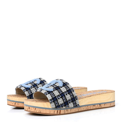 Chanel Tweed Mixed Fibers Cork CC Mule Sandal 41 Navy Blue White Blue 3 of 8