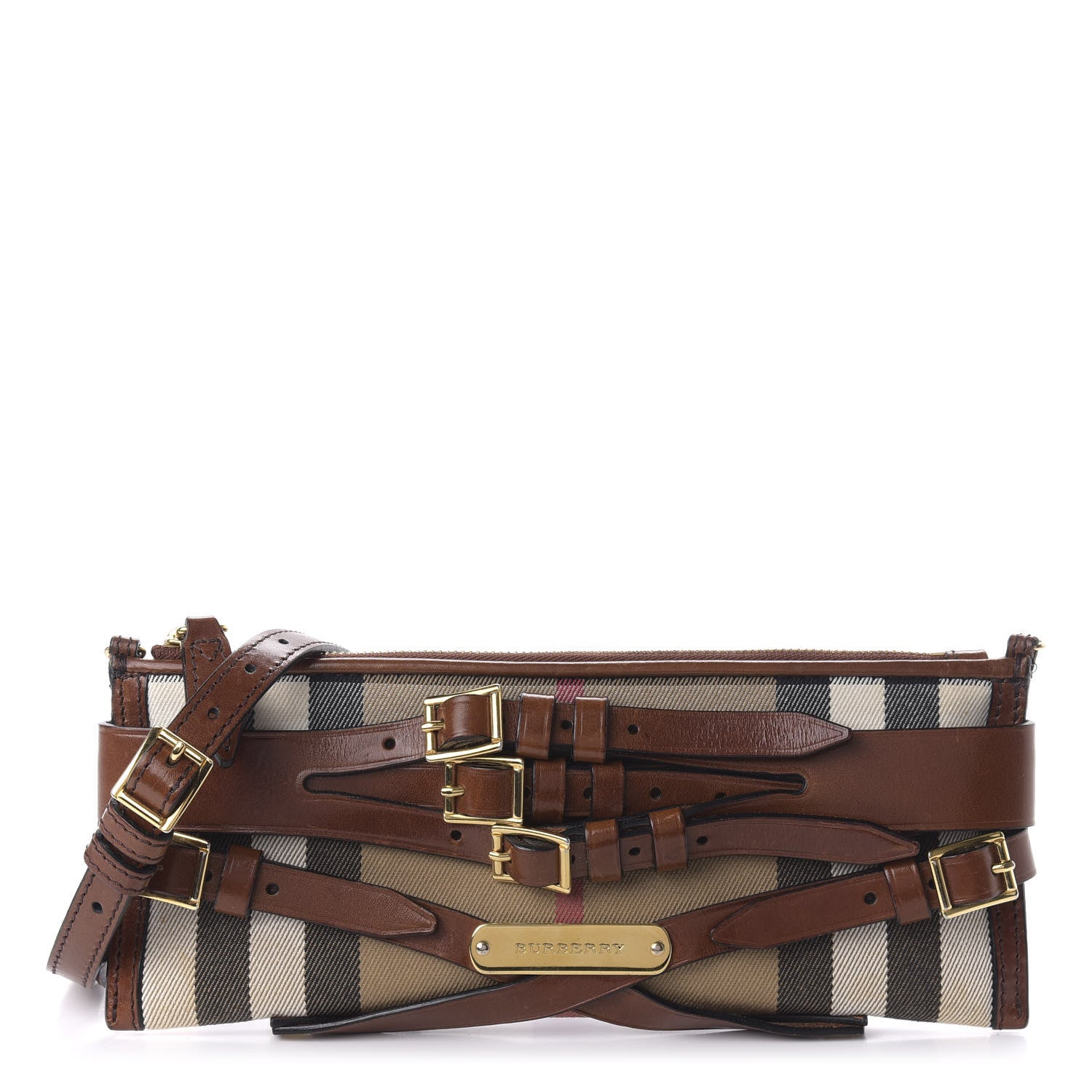 Burberry House Check Bridle Calfskin Mini Parmoor Clutch Bag Dark Tan 1 of 11