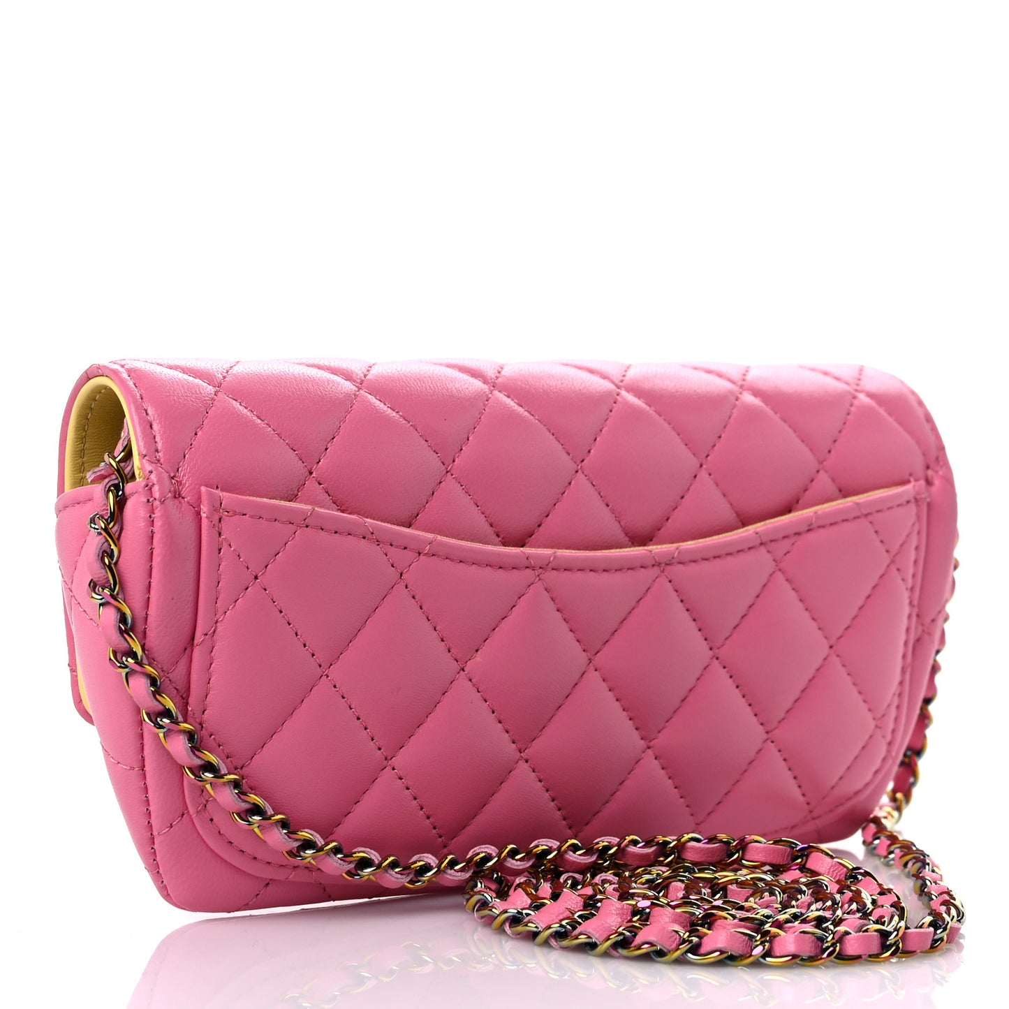 Lambskin Quilted Glasses Case With Chain Pink Yellow