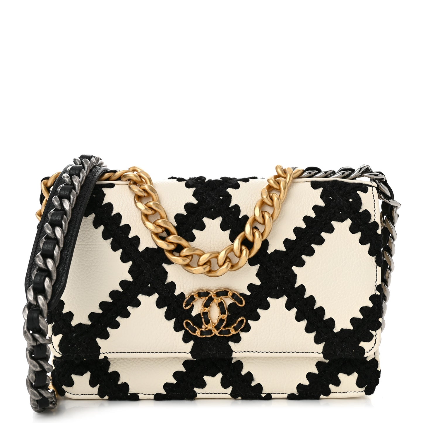Calfskin Crochet Chanel 19 Wallet On Chain WOC White Black