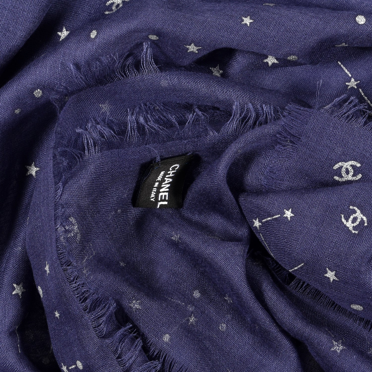 Chanel Cashmere Silk Stars Scarf Shawl Blue White 4 of 4