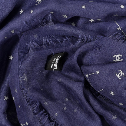 Chanel Cashmere Silk Stars Scarf Shawl Blue White 4 of 4