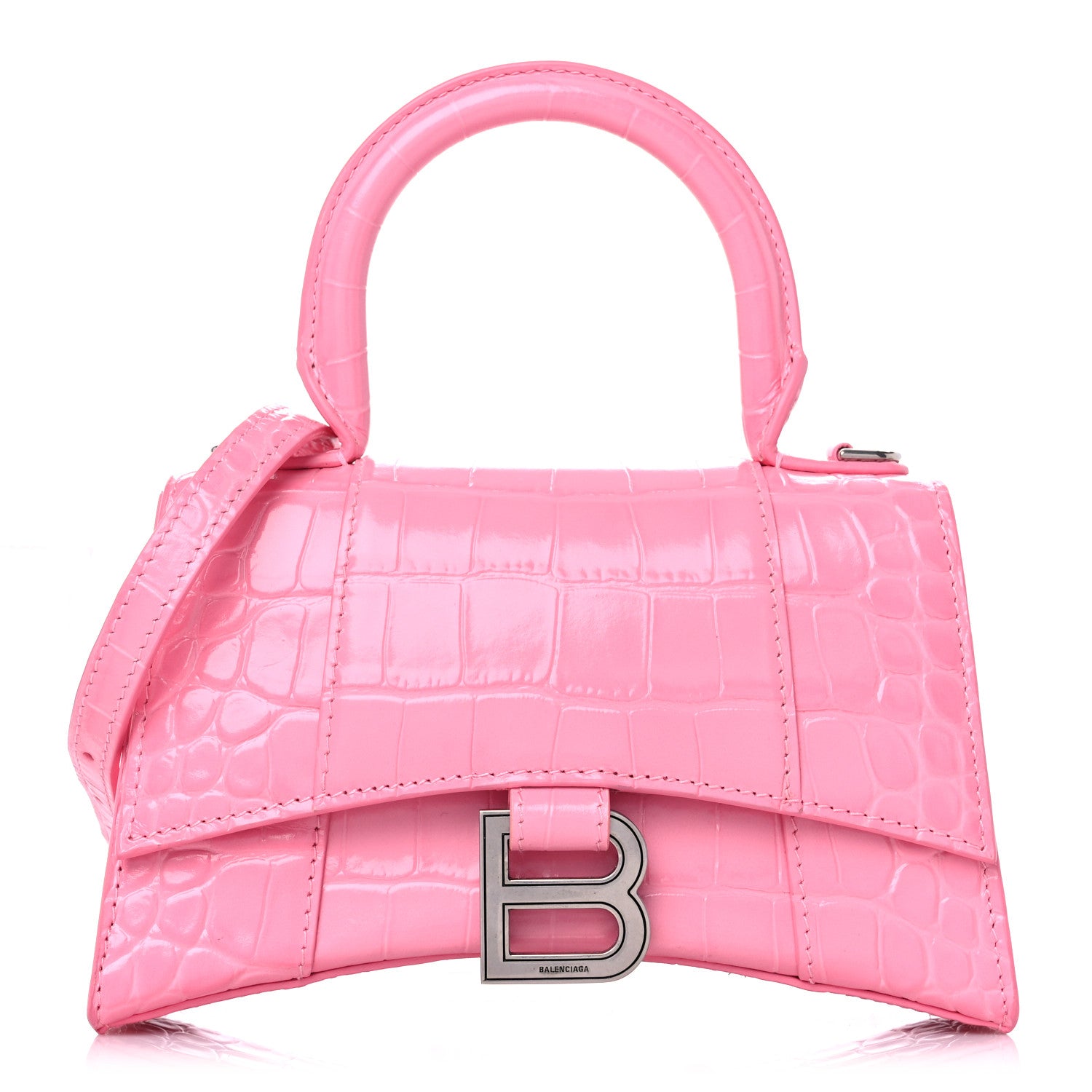 Balenciaga Shiny Calfskin Crocodile Embossed Hourglass Top Handle Bag XS Sweet Pink 1 of 10