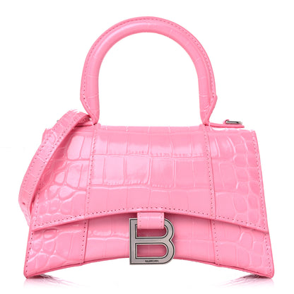 Balenciaga Shiny Calfskin Crocodile Embossed Hourglass Top Handle Bag XS Sweet Pink 1 of 10