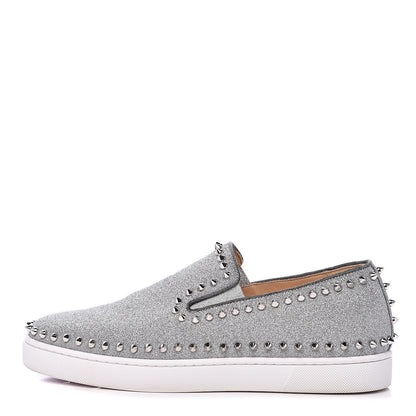 Christian Louboutin Calfskin Spikes Pik Boat Glitter Sneakers 42 Silver 1 of 9