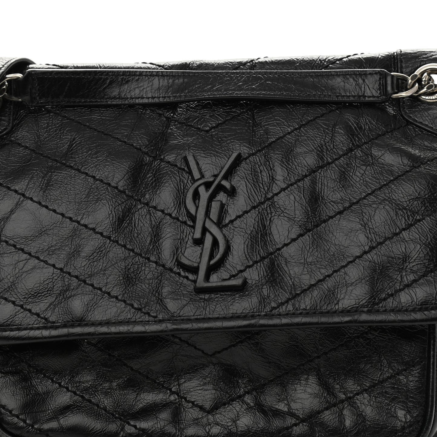 Crinkled Calfskin Matelasse Monogram Medium Niki Chain Satchel Black