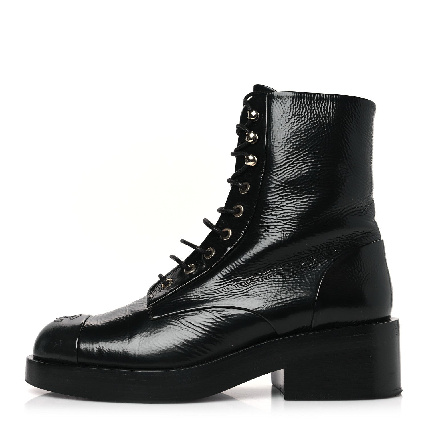 Chanel Shiny Goatskin Cap Toe Combat Boots 39.5 Black 1 of 7