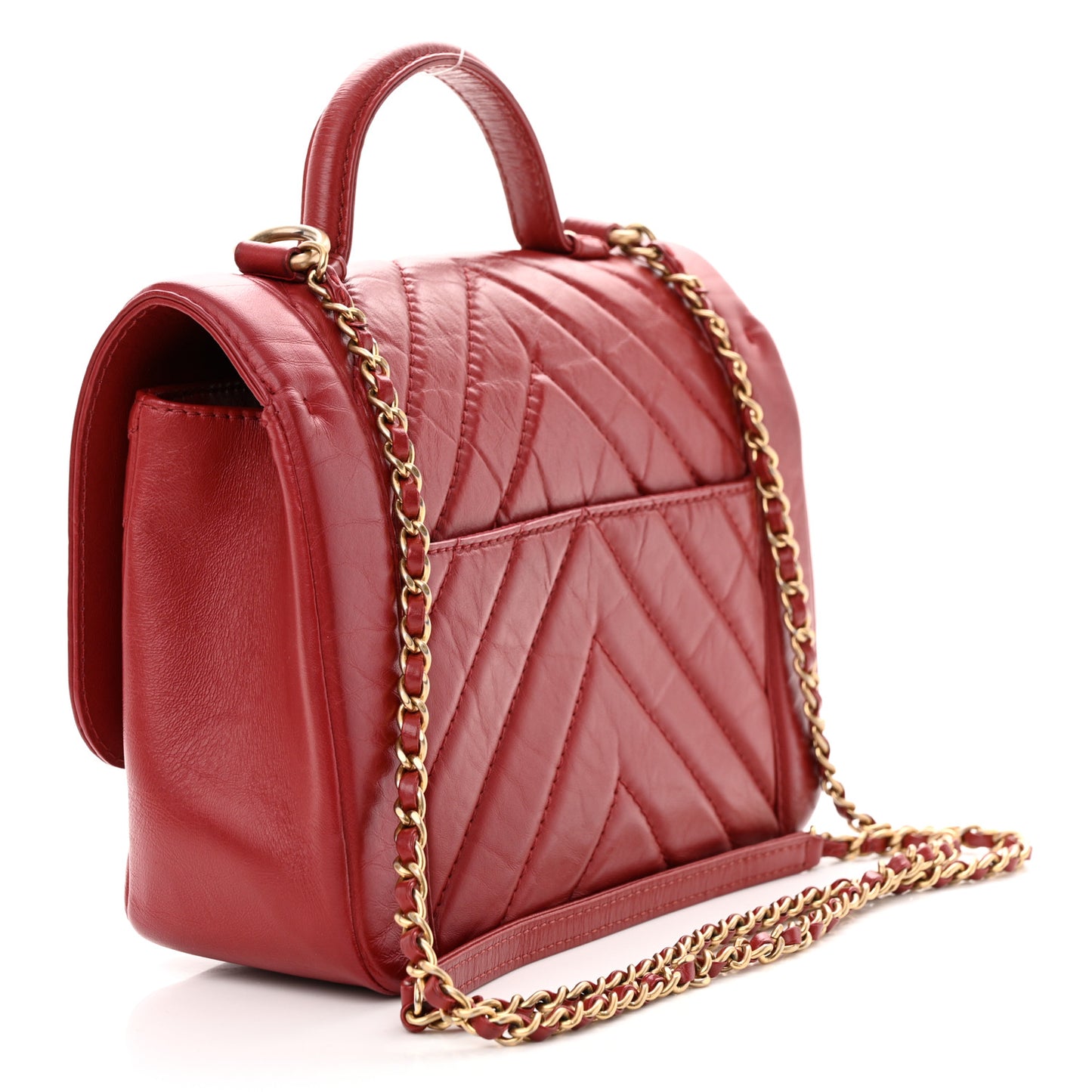 Calfskin Chevron Quilted Top Handle Flap Red