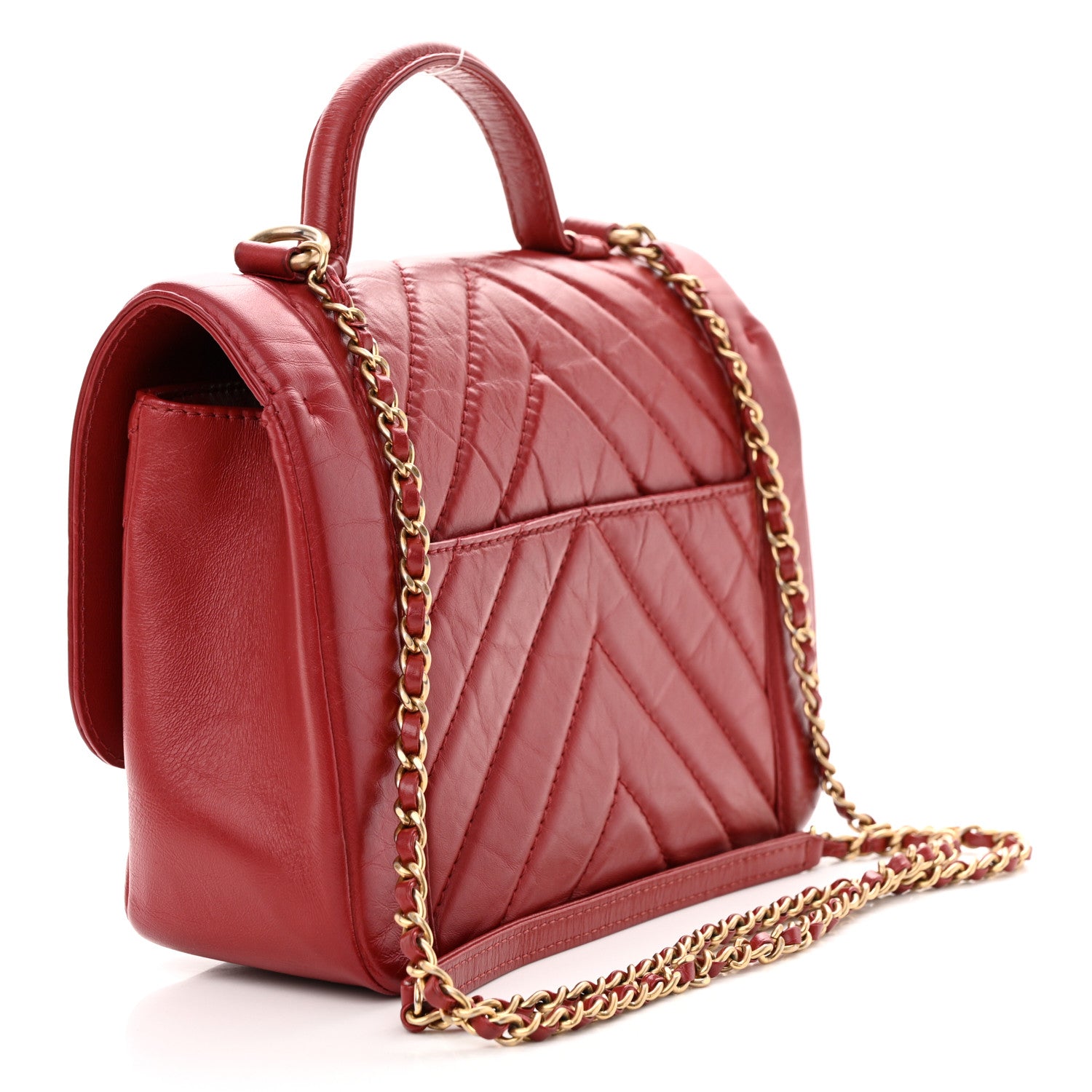 Chanel Calfskin Chevron Quilted Top Handle Flap Red 3 of 10