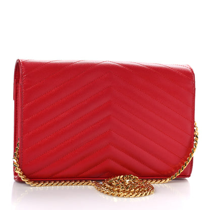 Saint Laurent Grain De Poudre Matelasse Chevron Monogram Chain Wallet New Red 3 of 9