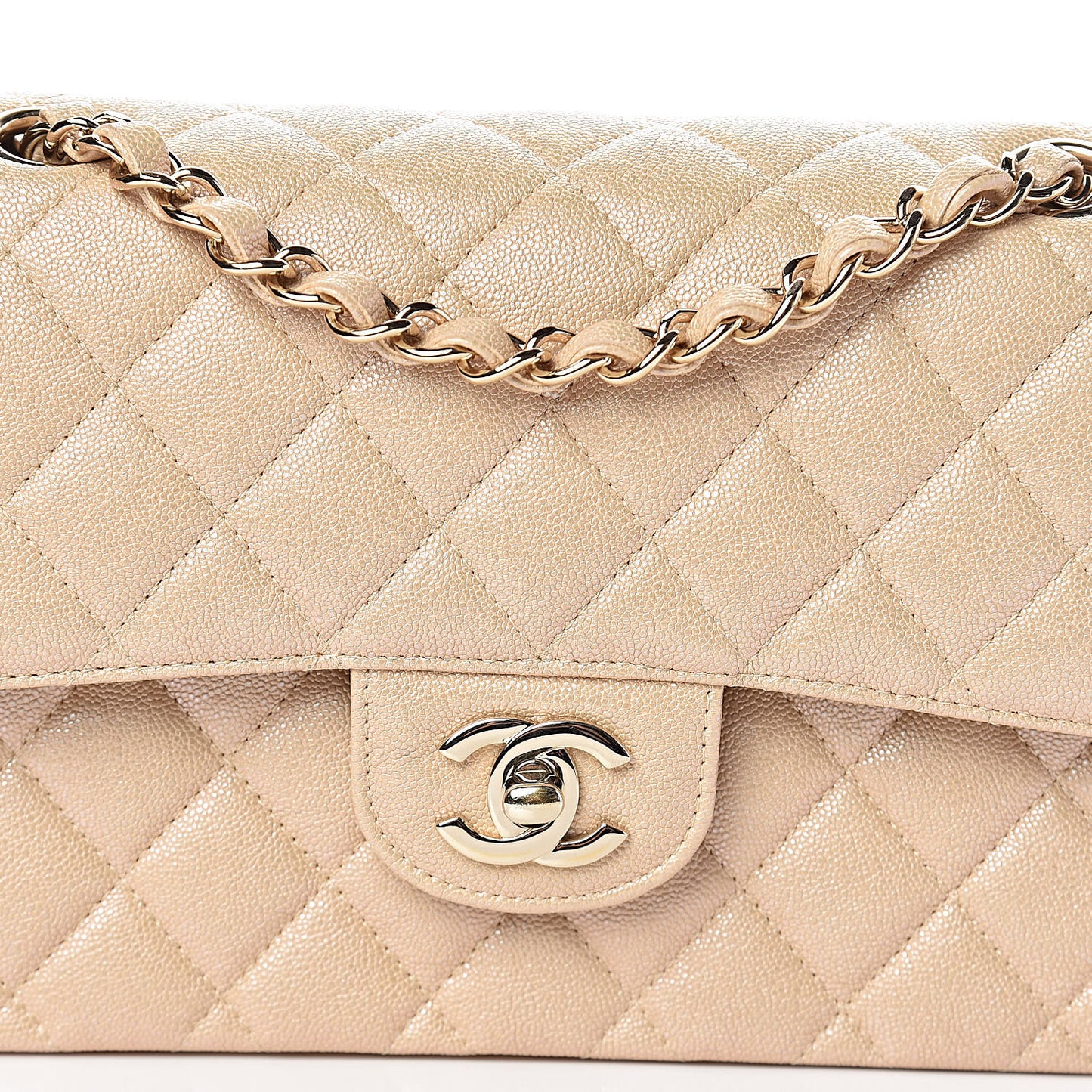Iridescent Caviar Quilted Small Double Flap Beige