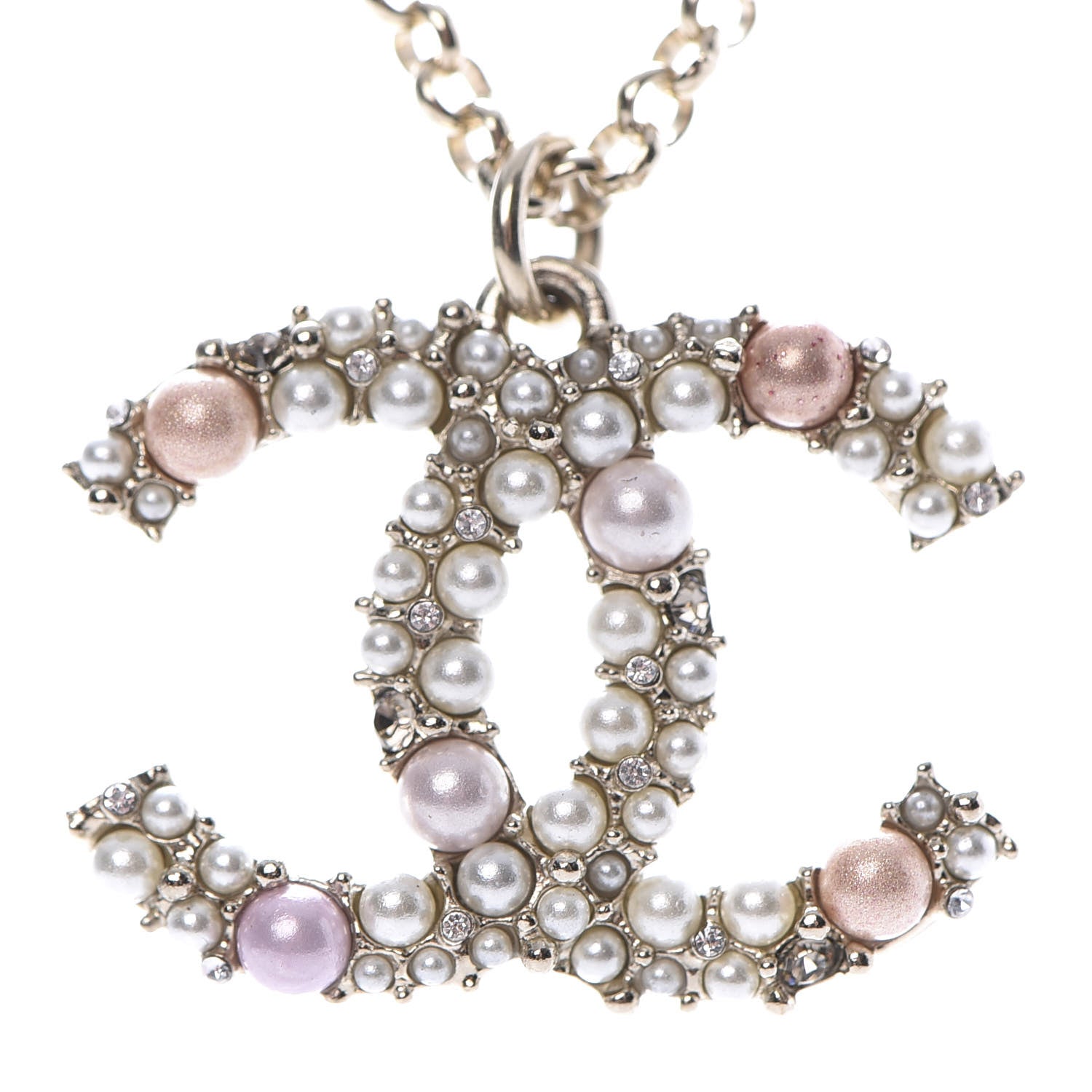 Chanel Crystal Pearl CC Pendant Necklace Gold Pink 4 of 6