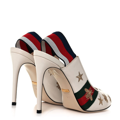 Gucci Malaga Kid Web Bee Star Embroidered Sylvie High Heel Slingback Pumps 37.5 White 4 of 10