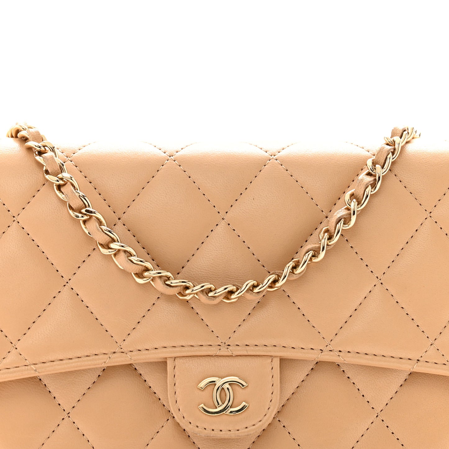 Lambskin Quilted Phone Holder Wallet on Removable Chain Beige