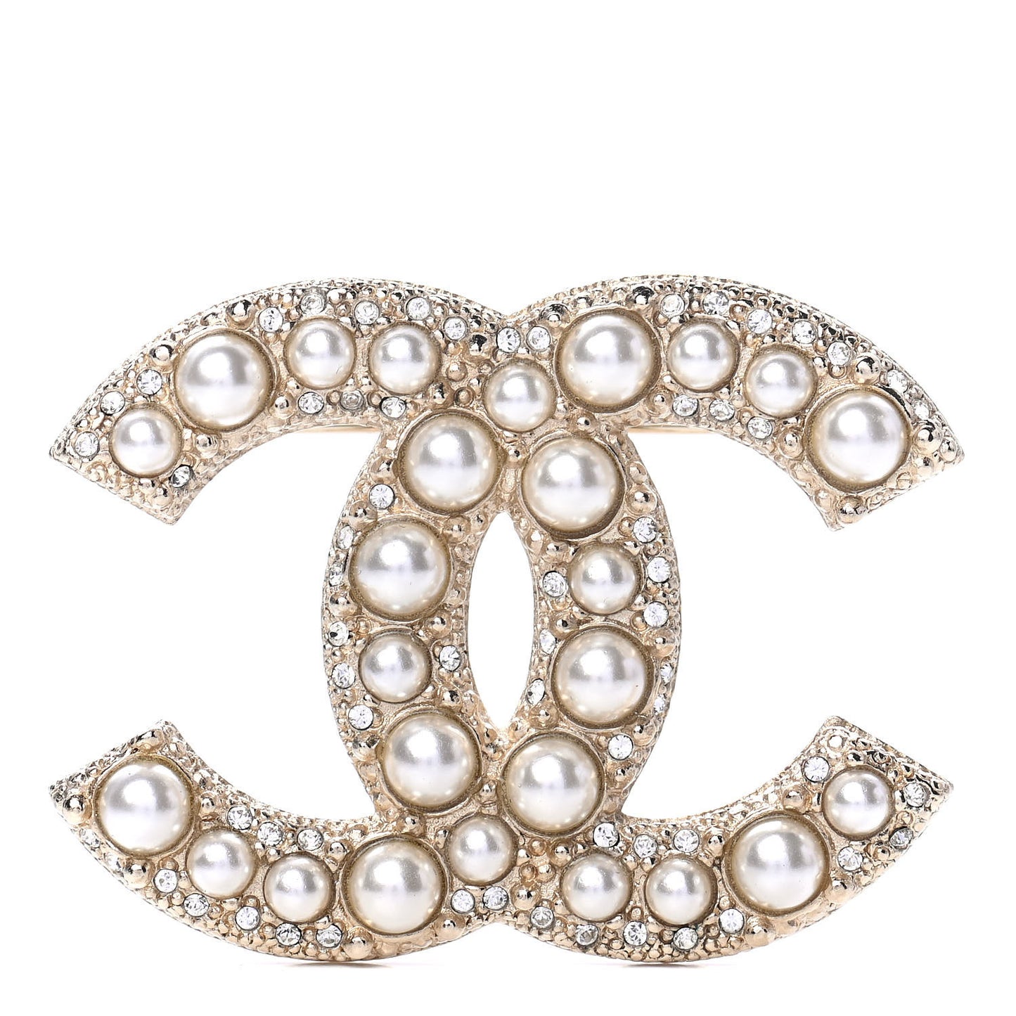 Crystal Pearl CC Brooch Gold