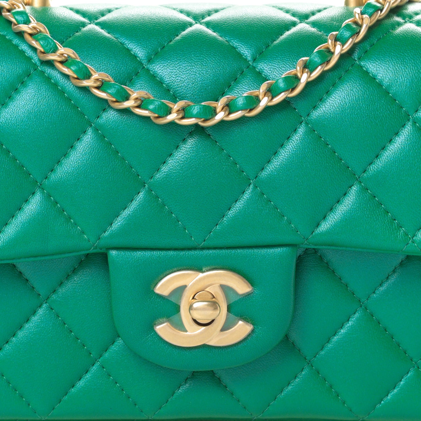 Iridescent Lambskin Quilted Mini Top Handle Rectangular Flap Green