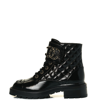 Chanel Shiny Calfskin Quilted Lace Up Combat Boots 37 Black 1 of 10