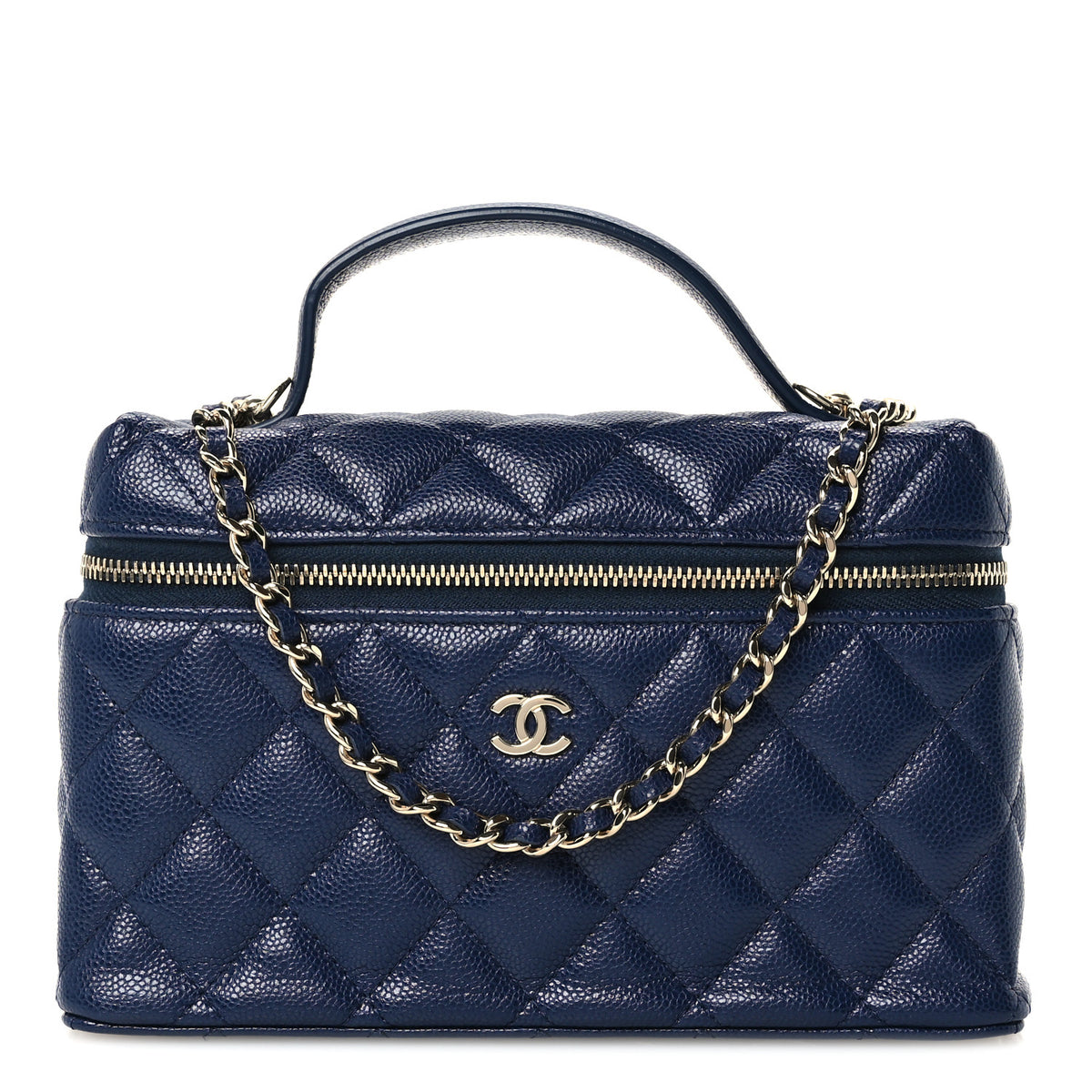 Caviar Quilted Top Handle Slim Vanity With Chain Navy