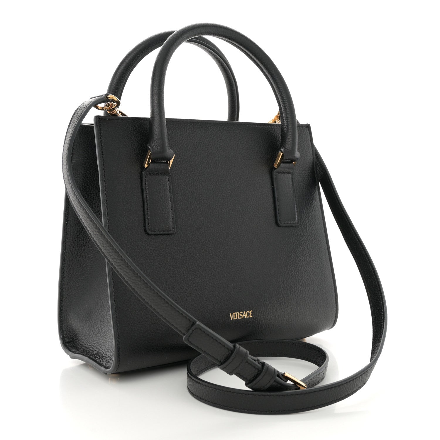 Versace Grainy Calfskin Snakeskin Embossed Virtus Top Handle Tote Black 3 of 10